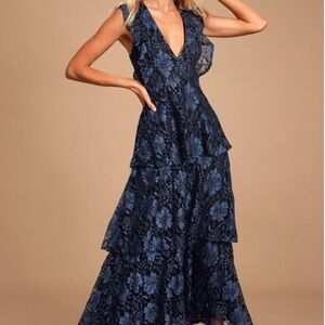 Molinetto Navy Blue Lace Ruffled Tiered Sleeveless Maxi Dress